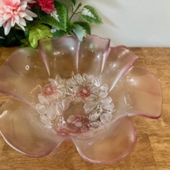 Mikasa Rosella Glass Bowl Pink‎ Frosted Ruffled Edge Vintage Floral Centerpiece - Picture 2 of 5